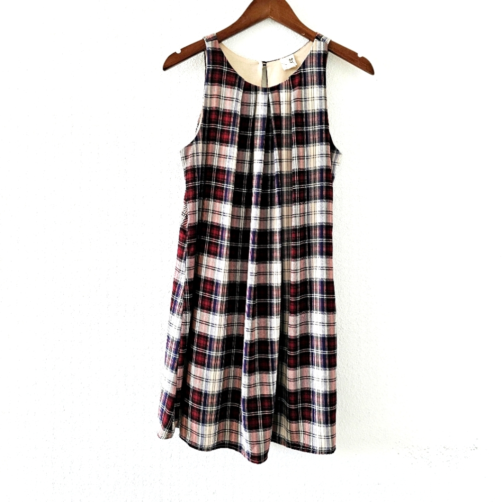 Pink Owl plaid shift dress size M sleeveless lined